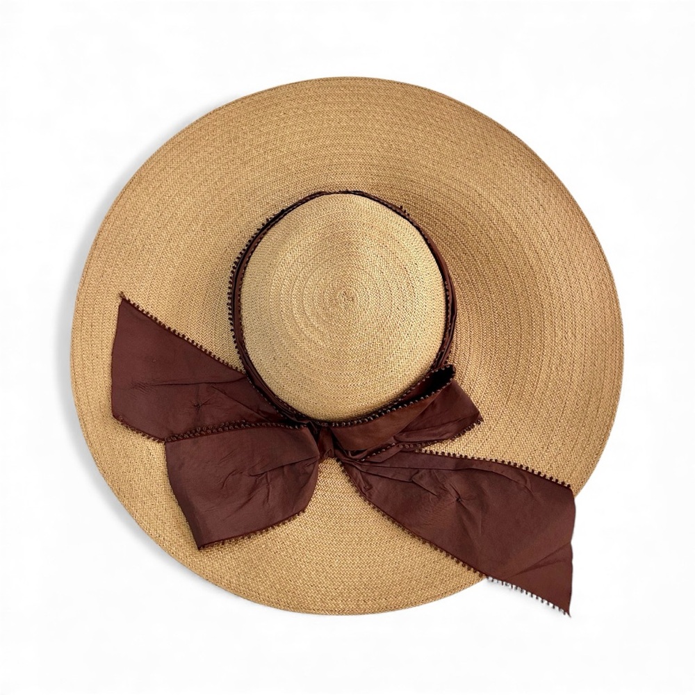 Vintage John B. Stetson Wide Brim Straw Hat with Brown Ribbon Bow – Size 21½